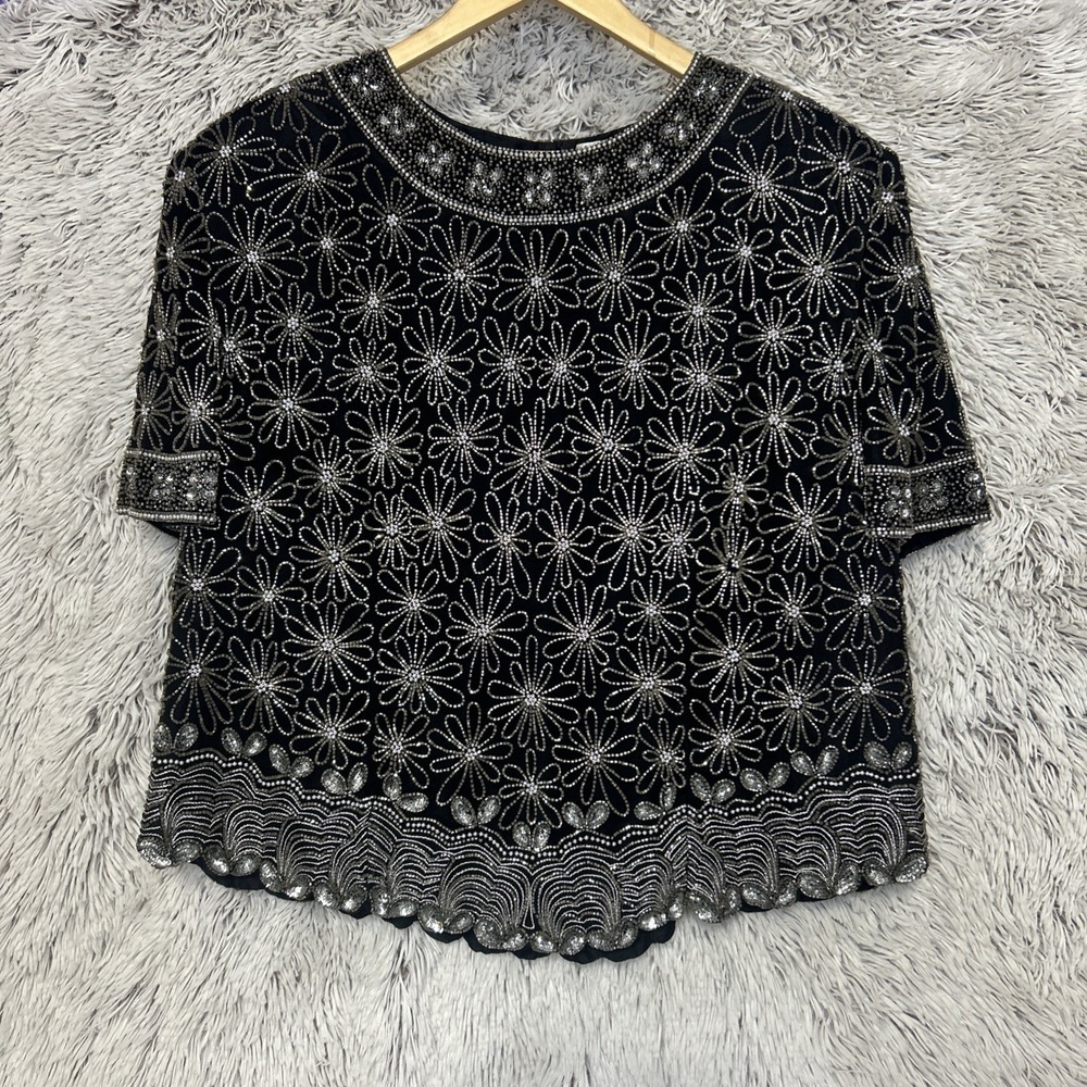 Papell Evening Top 100% Silk‎ Glam Beading Floral Sequin Elegant Black Silver 2X